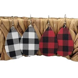 Faux Leather Teardrop Earrings Buffalo Plaid Red & Black and Black & White